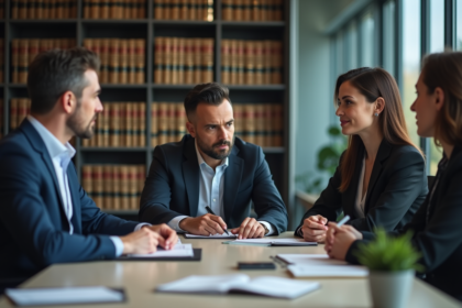 Groupe de quatre adultes en réunion avec enregistrement audio