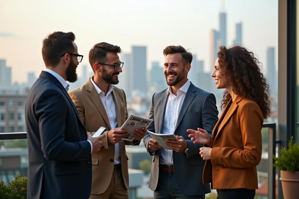 Groupe d entrepreneurs discutant en terrasse urbaine