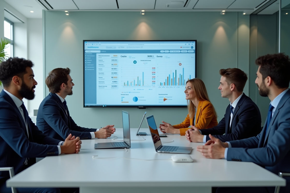 Equipe de testeurs discutant de données et graphiques en réunion