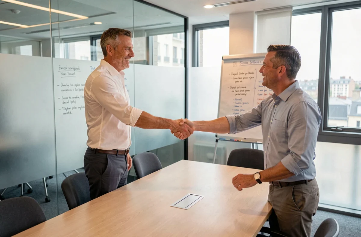 Consultant en portage salarial lors d'une réunion professionnelle avec un client dans un centre d'affaires à Valence
