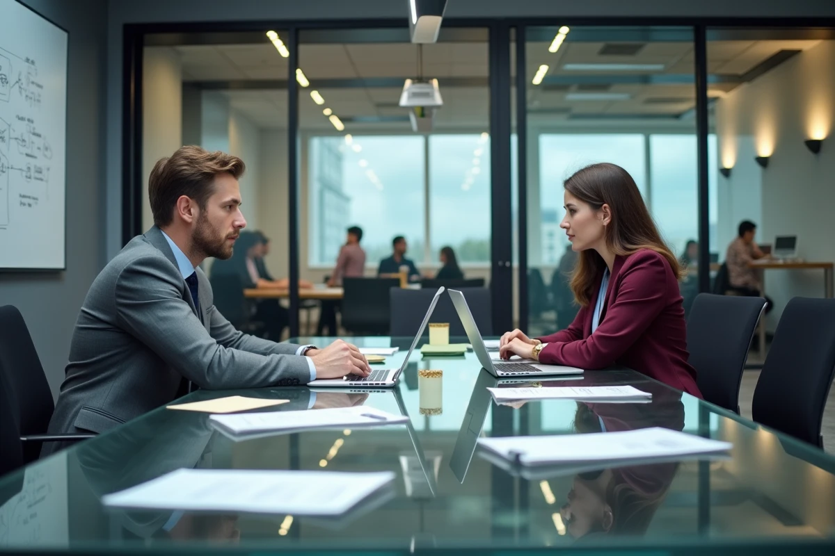 Réunion de travail entre professionnels d'une PME pour évaluer les solutions digitales B2B versus agence traditionnelle