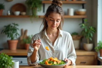 Femme arrangeant une salade colorée avec fruits secs dans une cuisine lumineuse
