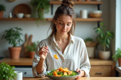 Femme arrangeant une salade colorée avec fruits secs dans une cuisine lumineuse