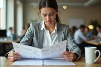 Salariée en bureau consultant un calendrier annuel de jours travaillés à 35 heures