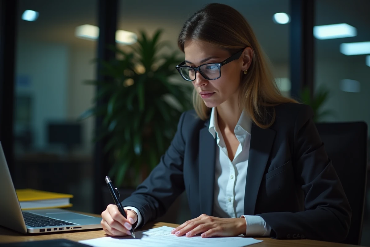 Femme salarié consultant des documents juridiques sur le travail de nuit et les majorations salariales sur son ordinateur portable dans un bureau la nuit