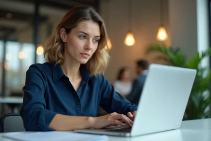 Salariée configurant son espace personnel sur un portail RH en ligne depuis son bureau en open space