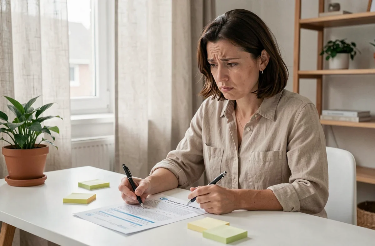 Femme seule à son bureau relisant avec inquiétude un formulaire CERFA de rupture conventionnelle