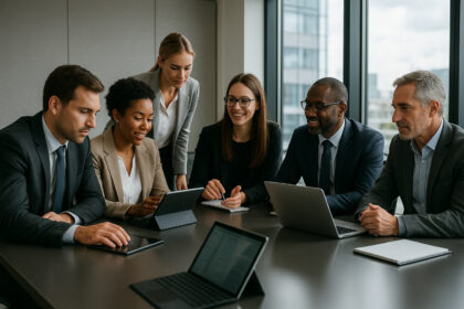 Salle de conférence moderne avec professionnels collaborant