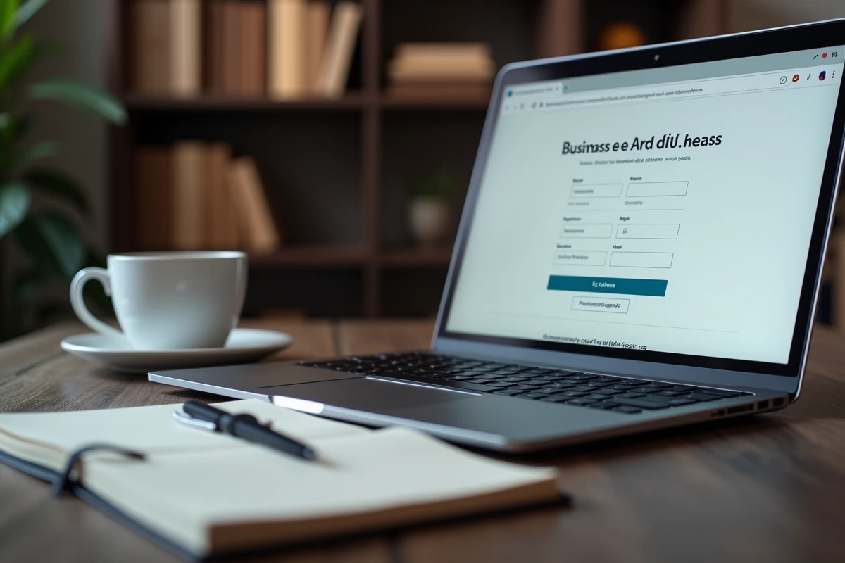 Écran d'ordinateur affichant un site de création de micro-entreprise en France avec carnet de notes et stylo sur un bureau en bois
