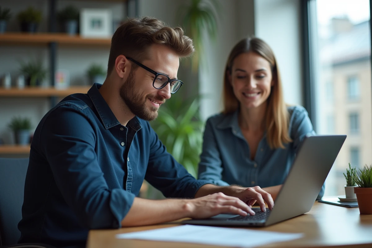 Jeune spécialiste informatique aidant un collègue sur un ordinateur
