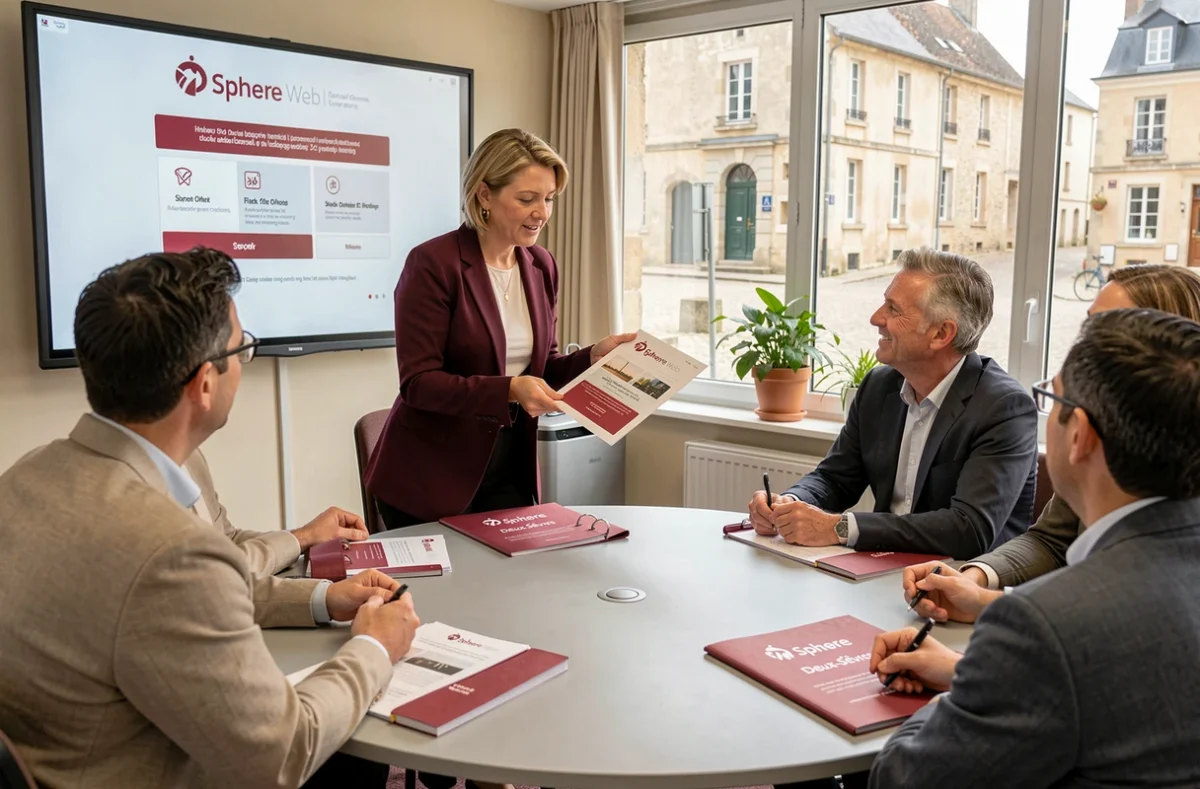 Responsable commerciale de Sphere Web présentant des formules web packagées à des entrepreneurs des Deux-Sèvres en salle de réunion