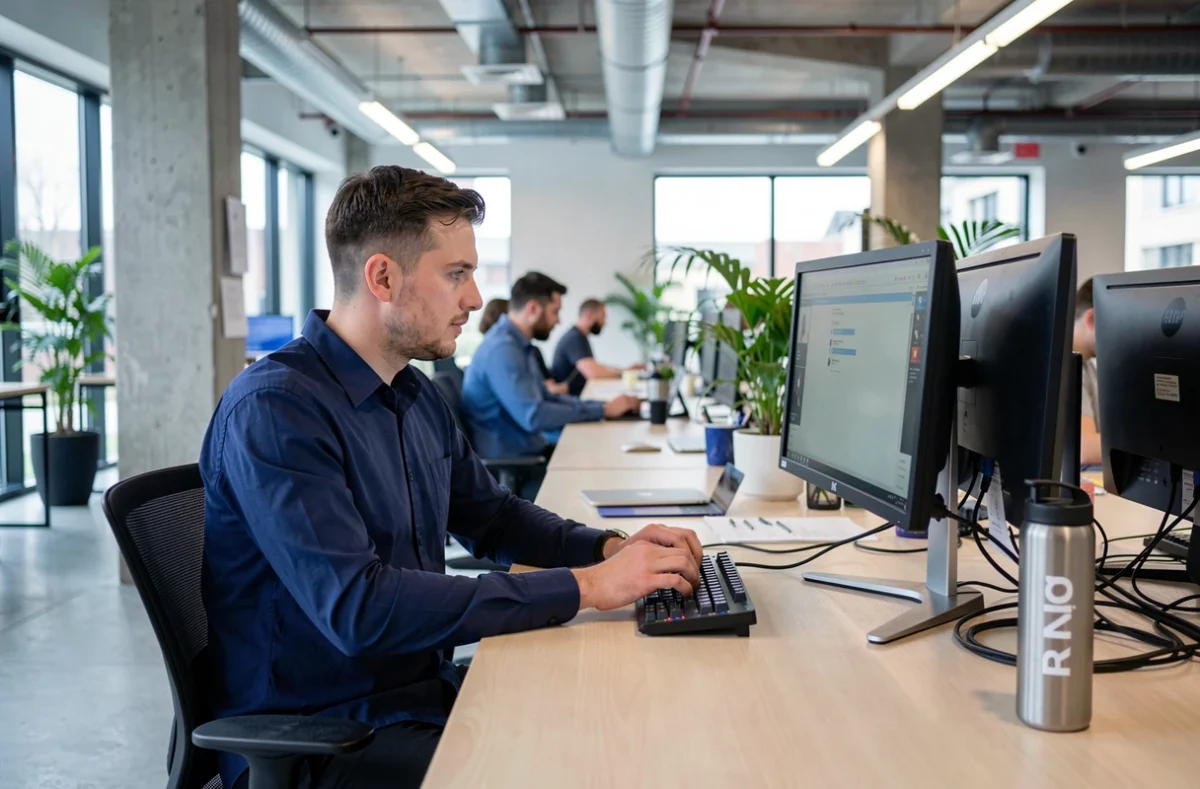 Entrepreneur connecté au réseau Station F depuis un espace de coworking moderne, illustrant le concept de membre remote