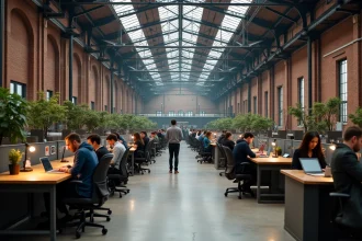 Vue intérieure de Station F, l'immense campus de startups parisien installé dans une halle ferroviaire réhabilitée avec des espaces de coworking animés
