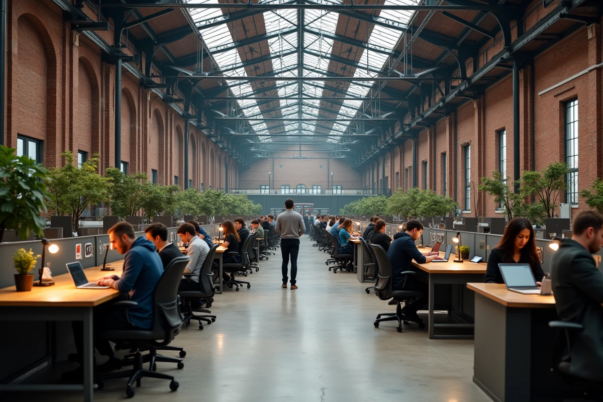 Vue intérieure de Station F, l'immense campus de startups parisien installé dans une halle ferroviaire réhabilitée avec des espaces de coworking animés