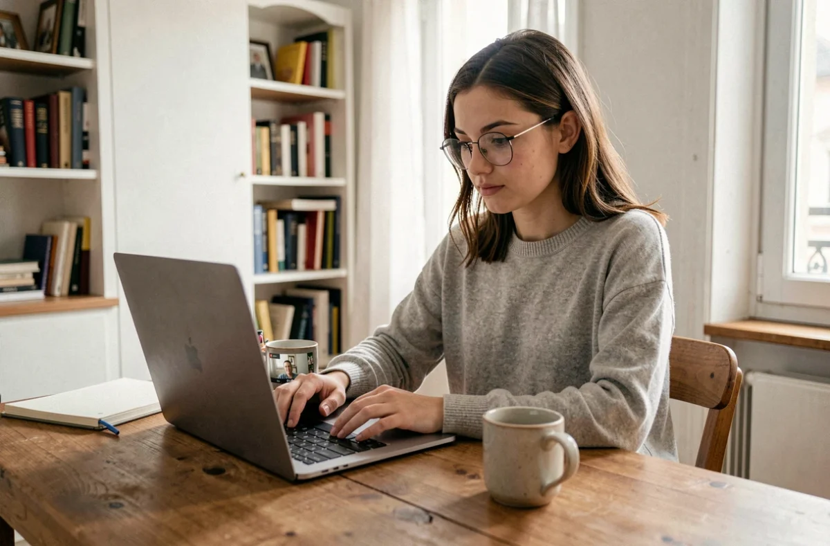 Jeune entrepreneuse en télétravail depuis son appartement parisien, participant à un appel vidéo en tant que membre remote de Station F