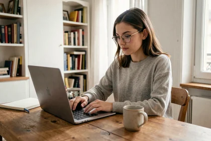 Jeune entrepreneuse en télétravail depuis son appartement parisien, participant à un appel vidéo en tant que membre remote de Station F
