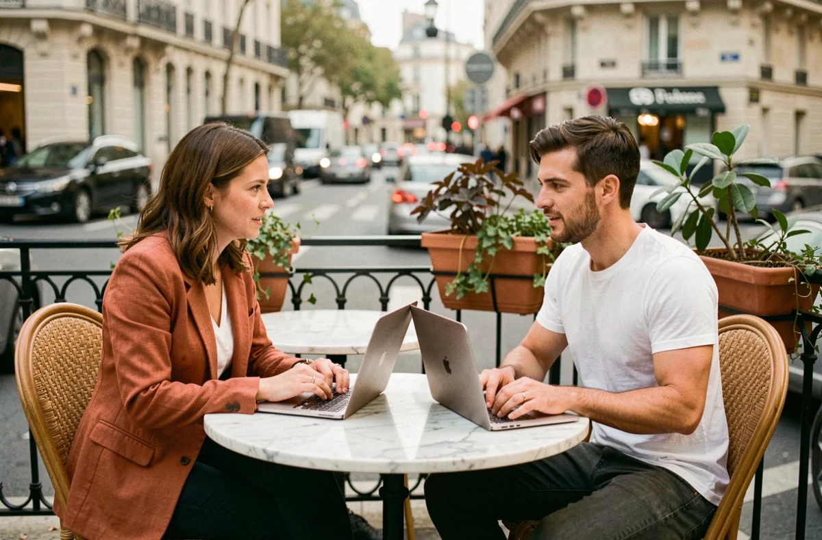 Deux entrepreneurs membres remote de Station F se retrouvent en réunion informelle en terrasse de café à Paris