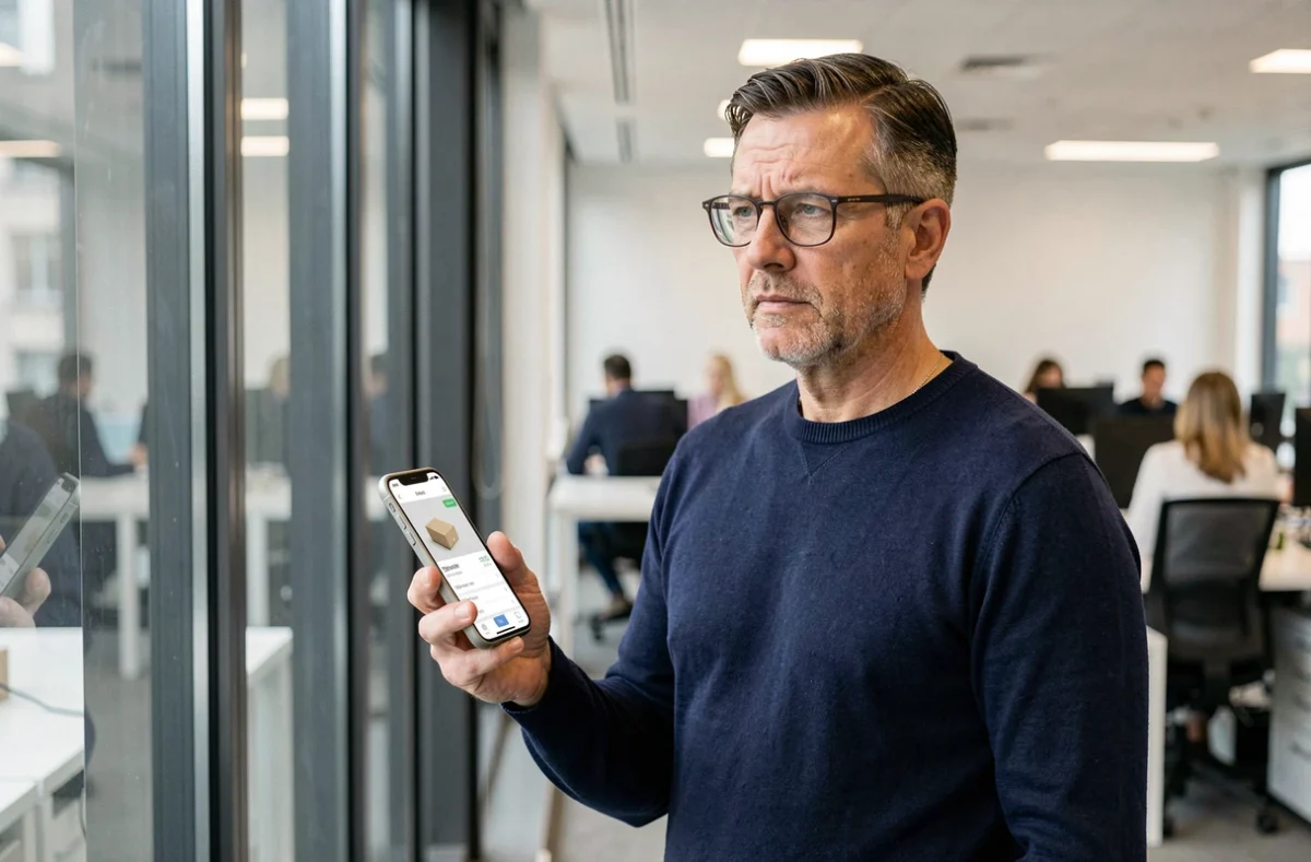 Homme vérifiant le suivi de colis Chronopost sur son smartphone dans un bureau professionnel