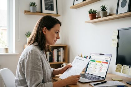 Femme consultantun tableau de bord CRM et un formulaire de demande client sur un bureau en bois dans un bureau moderne