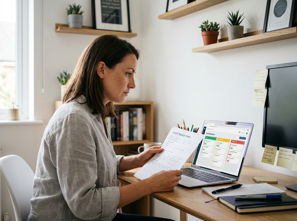 Femme consultantun tableau de bord CRM et un formulaire de demande client sur un bureau en bois dans un bureau moderne