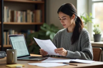 Femme en télétravail consultant une feuille de suivi des heures de travail à son bureau à domicile