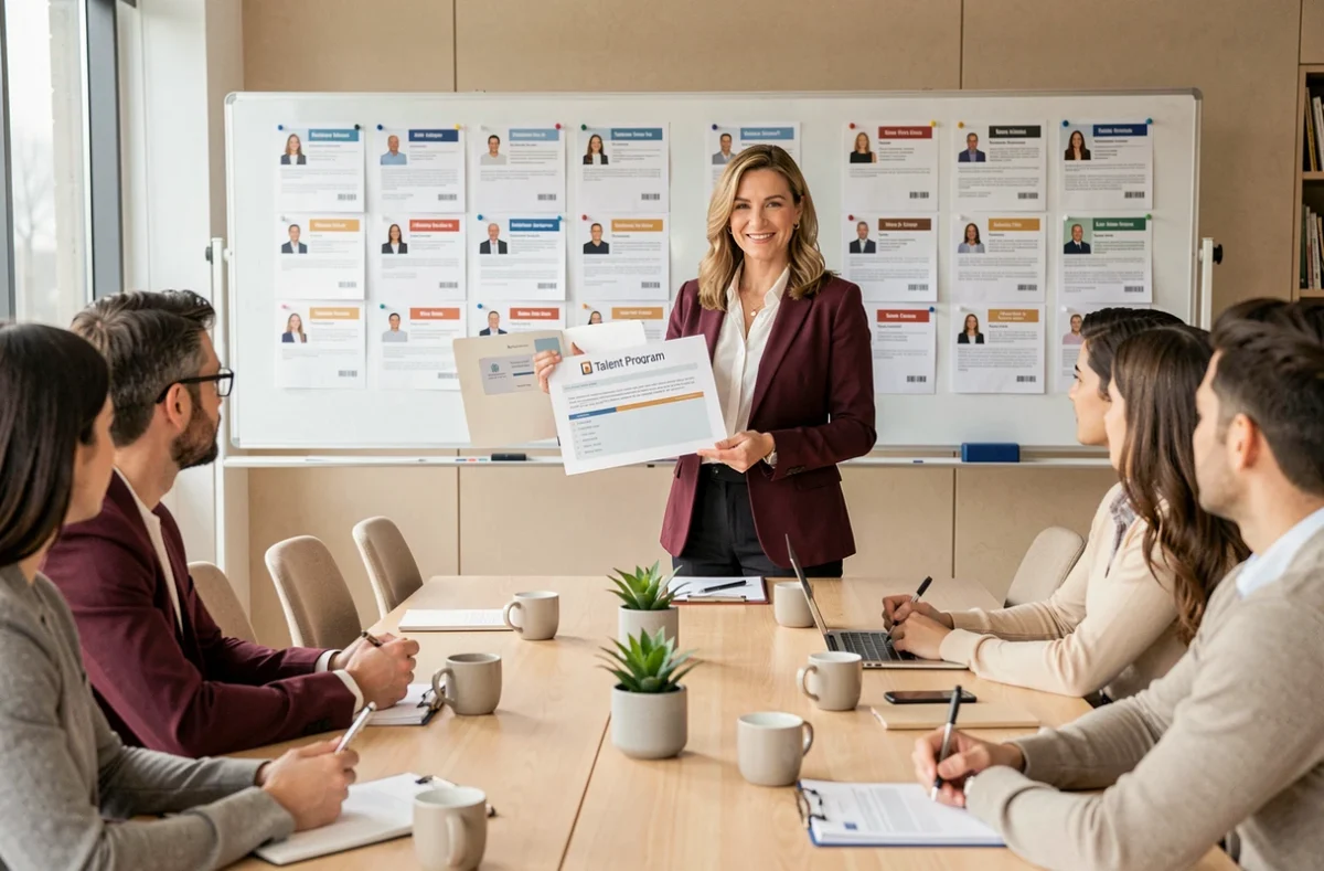 Consultante Talent Program présentant un rapport de candidatures dans une salle de réunion moderne