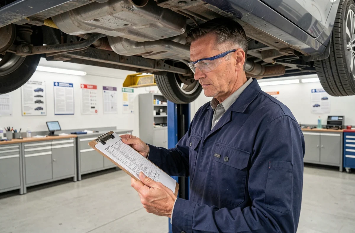 Technicien automobile vérifiant la liste de contrôle Q18 sous un véhicule surélevé dans un garage de contrôle technique