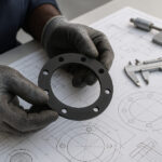 Photo hyperrealiste mains gantées d'un technicien noir tenant un joint élastomère