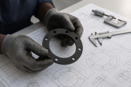 Photo hyperrealiste mains gantées d'un technicien noir tenant un joint élastomère