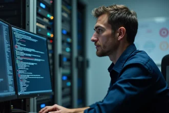 Technicien informatique analysant des erreurs réseau sur écran dans une salle serveur d'entreprise