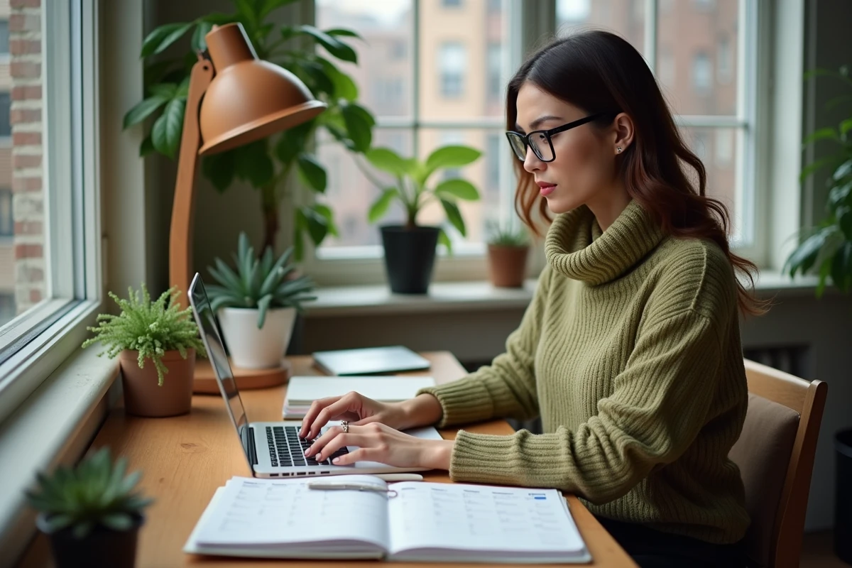 Femme en télétravail organisant son agenda annuel de jours ouvrés à domicile