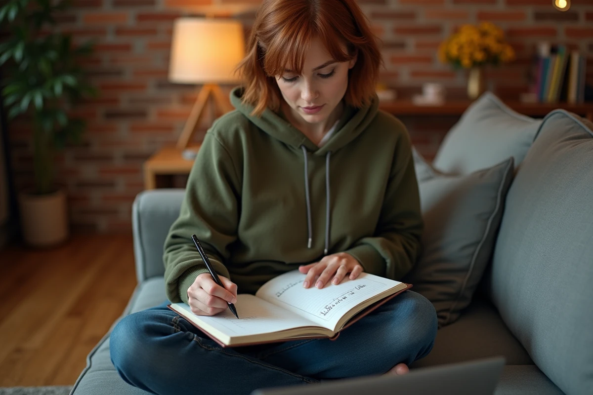 Jeune femme en télétravail notant ses heures de travail dans un agenda papier sur un canapé à domicile