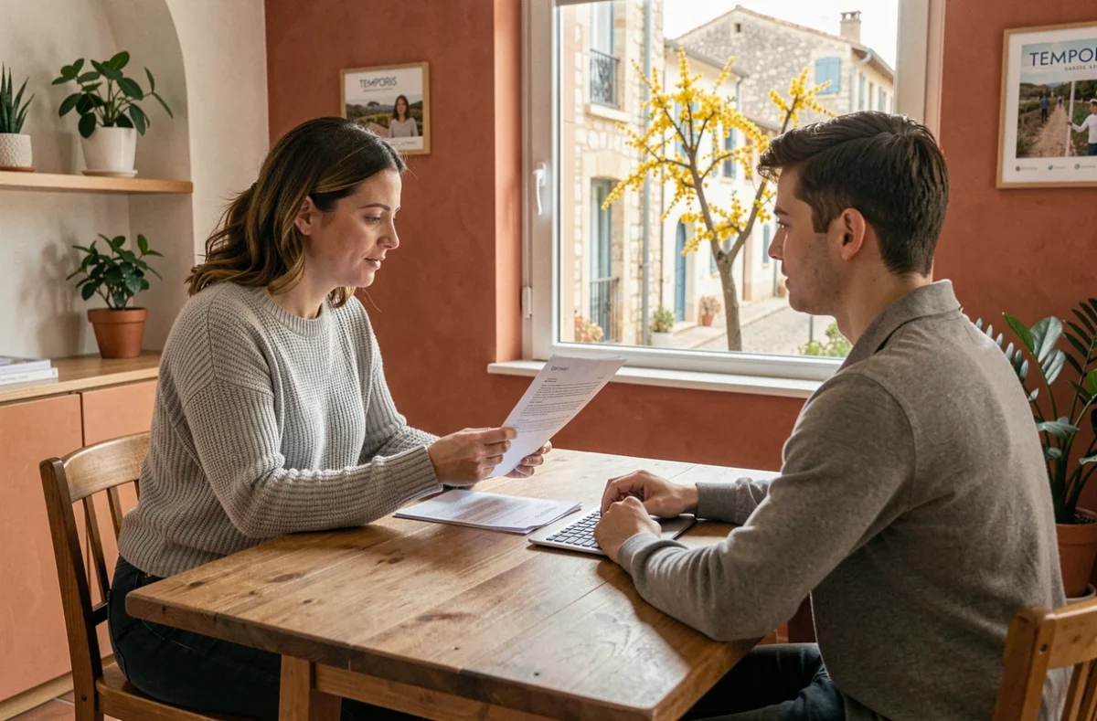 Conseillère Temporis Cagnes-sur-Mer examinant un CV avec un candidat dans un cadre chaleureux avec vue sur le village