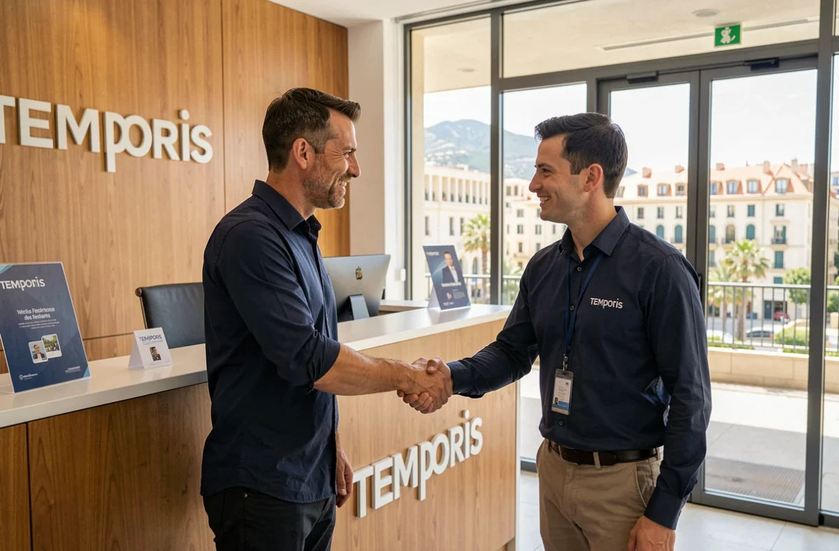 Consultant Temporis Cannes accueillant un candidat dans la réception moderne de l'agence avec vue sur la ville