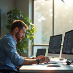 Testeur professionnel analysant un nouveau gadget au bureau