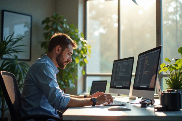 Testeur professionnel analysant un nouveau gadget au bureau