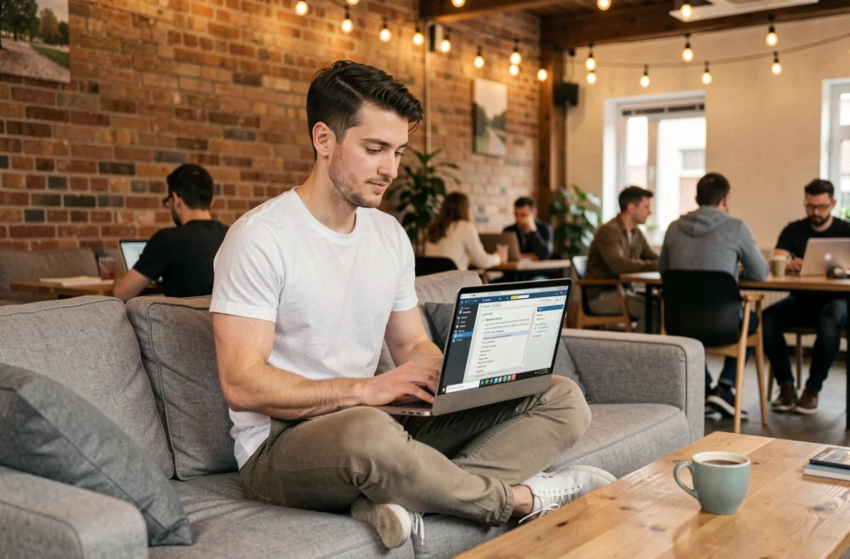 Théo P., jeune consultant SEO freelance en Maine-et-Loire, travaillant sur une optimisation on-page depuis un espace de coworking à Angers