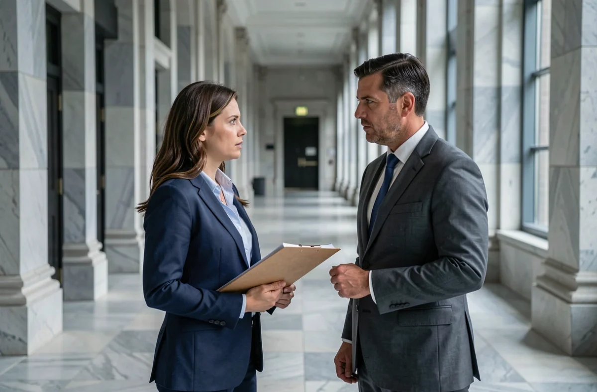 Deux professionnels dans un couloir de tribunal discutant d'un cas de harcèlement moral et de discrimination liés à l'article L1132-1 du Code du travail