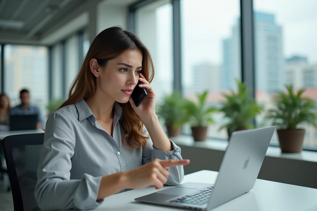Femme au bureau tentant de résoudre un problème d'accès à une application réseau bloquée