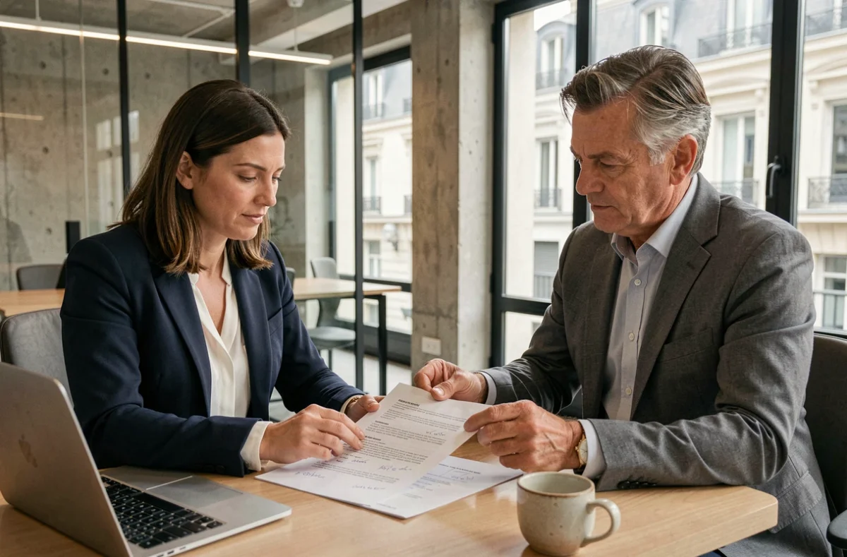 Deux professionnels examinent un contrat de sous-location de bureau à Paris, assis face à face dans un espace de coworking moderne