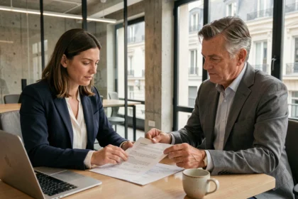 Deux professionnels examinent un contrat de sous-location de bureau à Paris, assis face à face dans un espace de coworking moderne