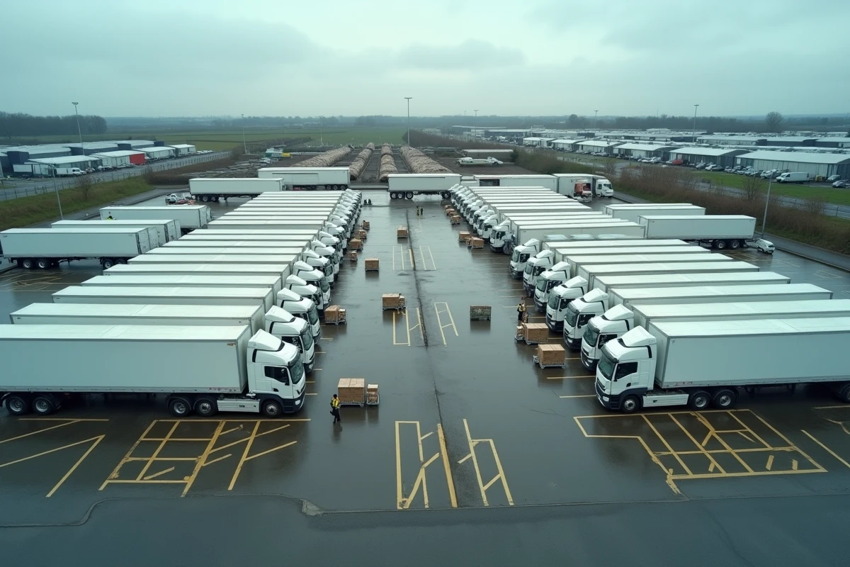 Vue aérienne d'un hub de distribution de colis en zone industrielle de Seine-et-Marne avec camions et fourgonnettes de livraison
