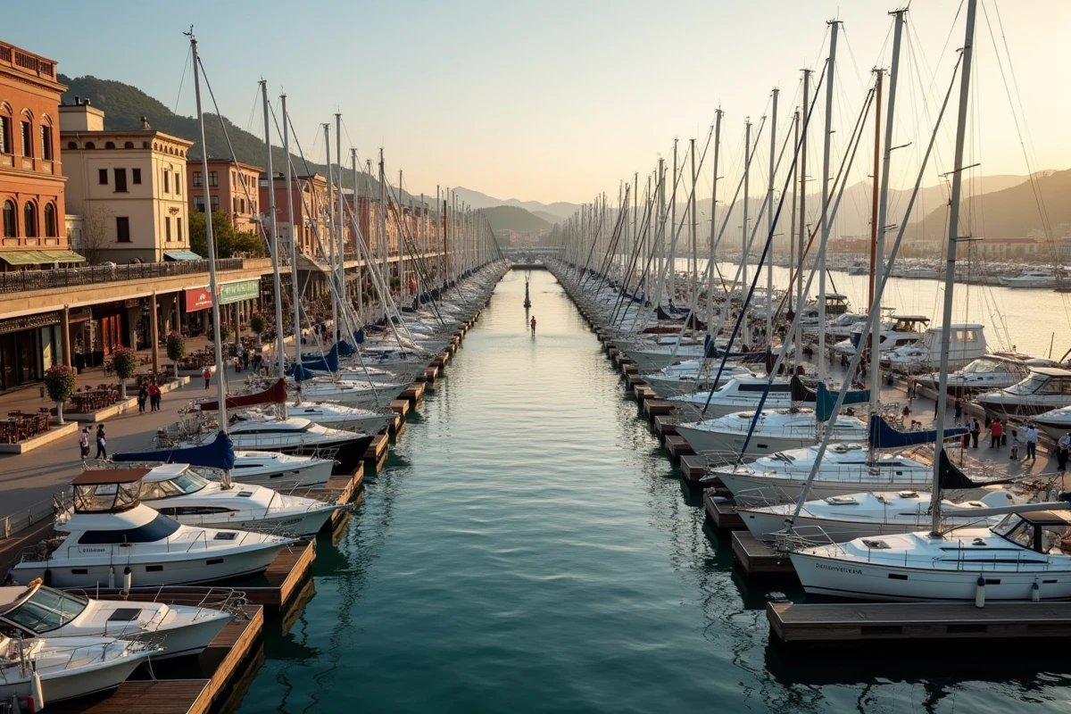 Vue panoramique d'une grande marina côtière avec yachts et voiliers alignés sur des pontons flottants et front de mer animé