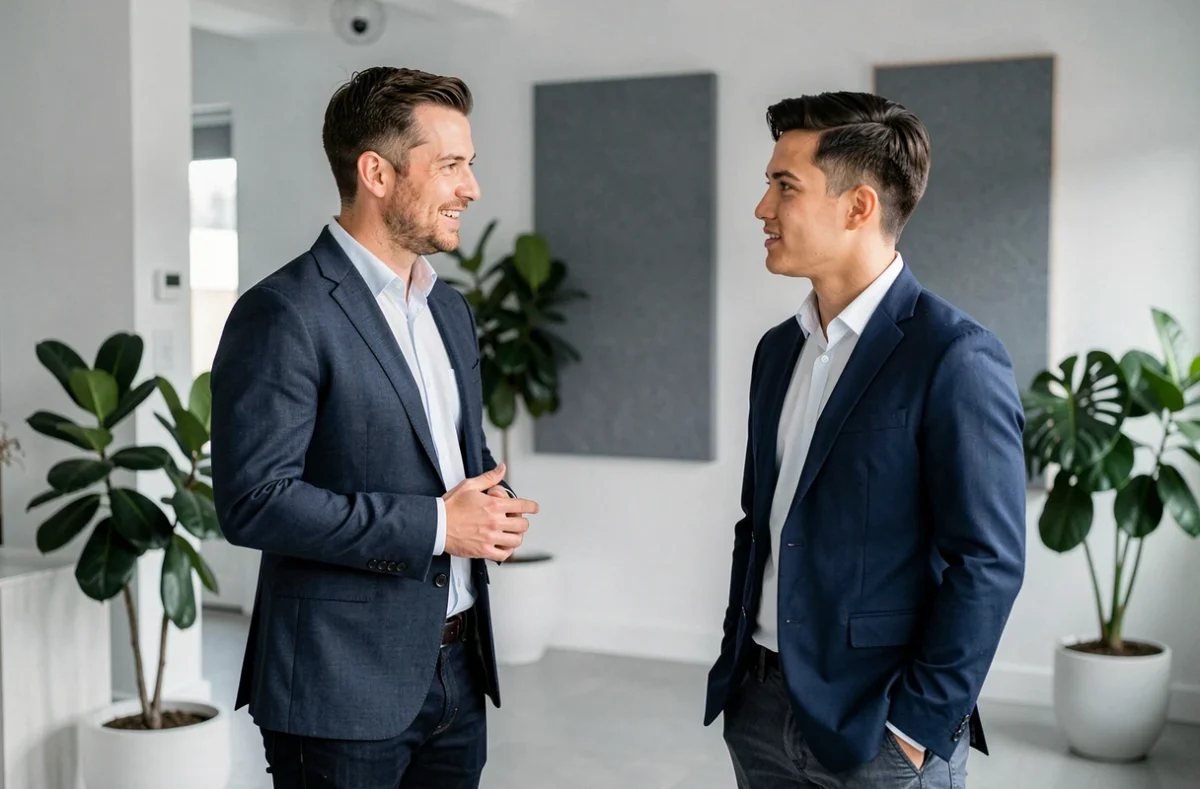 Consultant Yanten en discussion informelle avec un candidat dans un bureau minimaliste